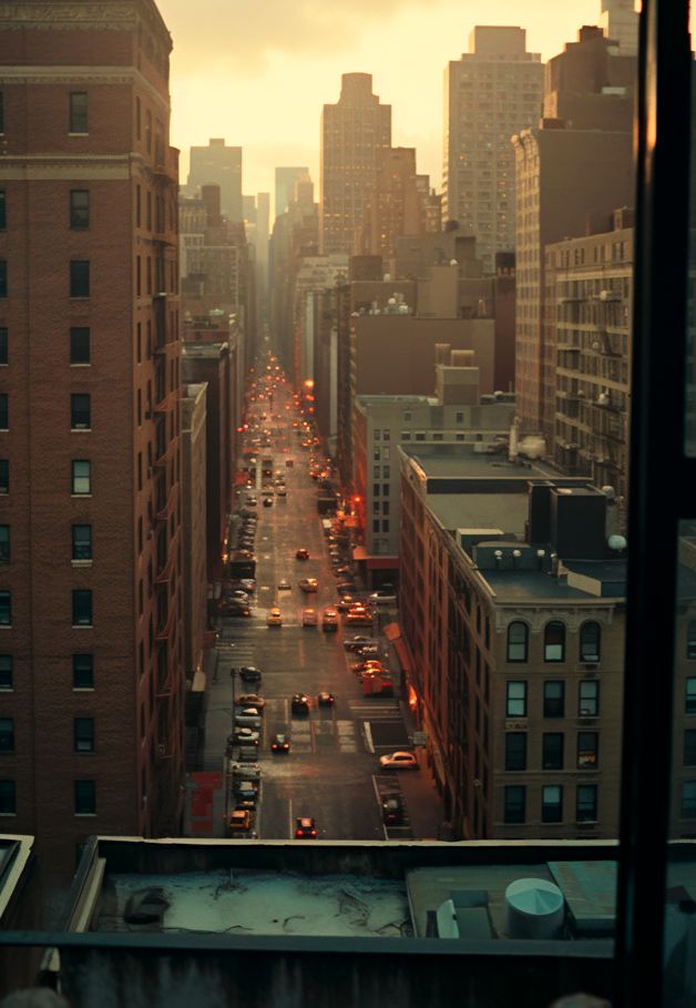 Calle urbana con vista desde ventana de piso hacia autopista