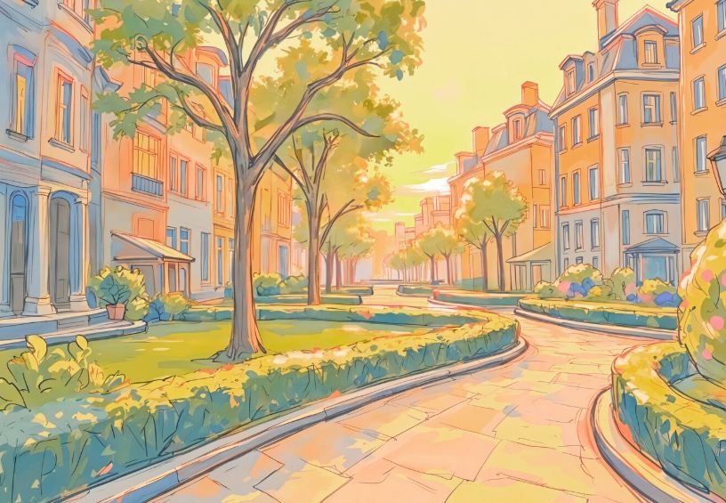 Stylized 15-minute city map with pedestrian radii