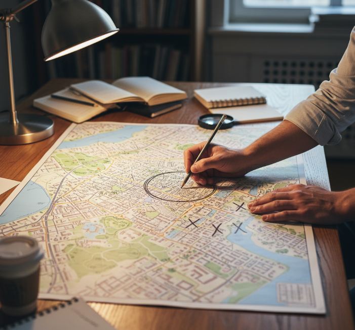 Ilustración decorativa de una persona que compara varios barrios en un mapa de la ciudad