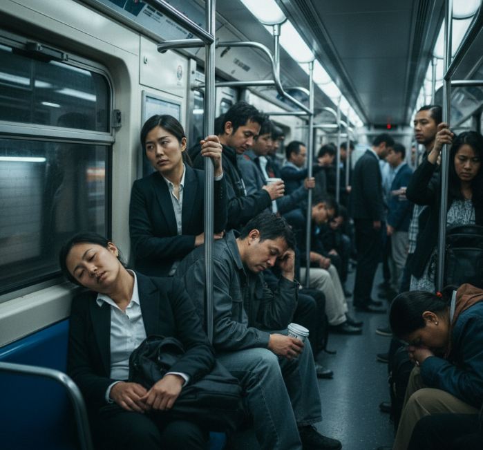 Illustration einer müden Person im Verkehr während der morgendlichen Rushhour