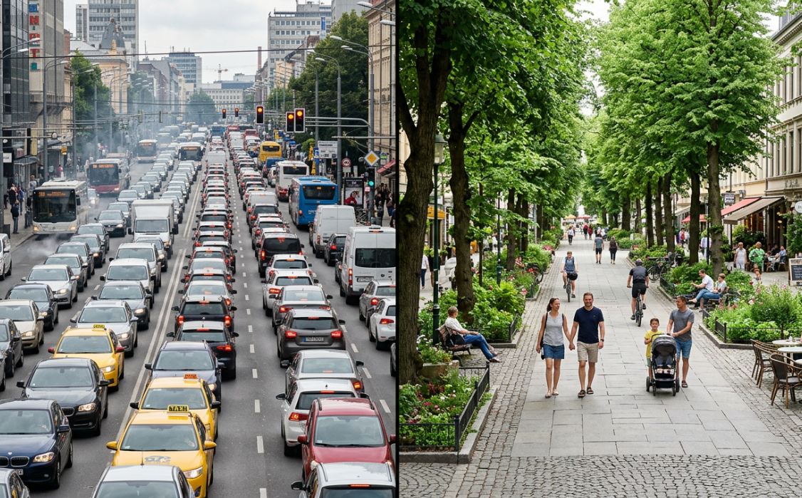 Kontrast: Erschöpfung im Stau und ruhige Fußgängerzone mit Grün