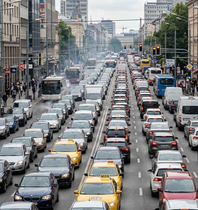 Korek na wyjeździe z miasta w piątkowy wieczór