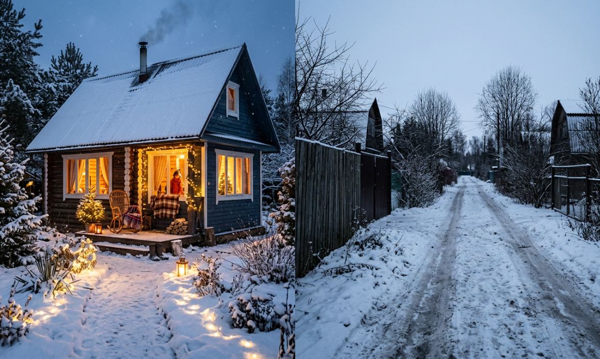 Kontrast: gemütliches Datscha-Haus und leere Winterstraße in einer Gartenanlage