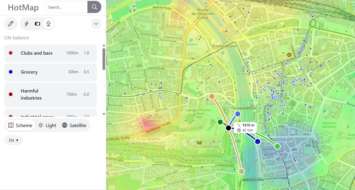 Interfaz de HotMap con un punto seleccionado en el mapa, capa térmica y panel de configuración de categorías