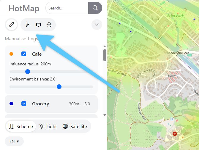 HotMap-Oberfläche mit Wärmekarte und Modi Ruhe und Gelassenheit, Nachtleben, Kulturzentrum und manueller Modus