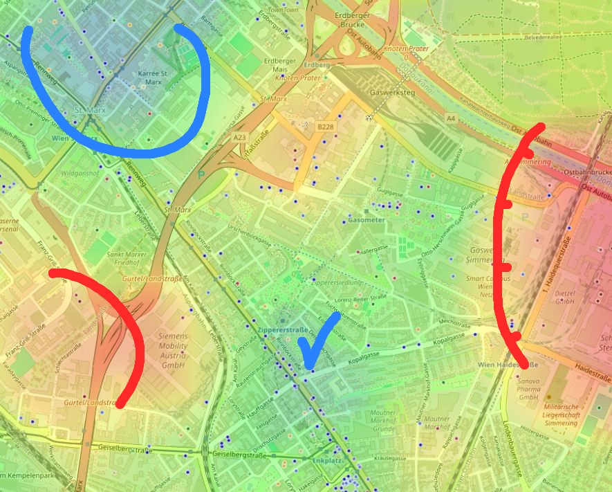 District heat map with green comfort zones and red zones along highways