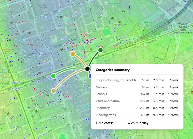 Stylizowana mapa miasta: centralne dzielnice podświetlone jednym kolorem, niedowartościowane pojawiają się po nałożeniu filtrów dostępności i infrastruktury