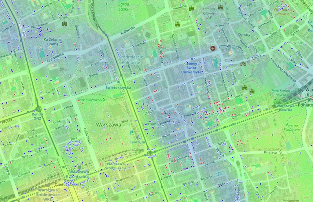Mapa cieplna dostępności pieszej z zaznaczonymi punktami zainteresowania
