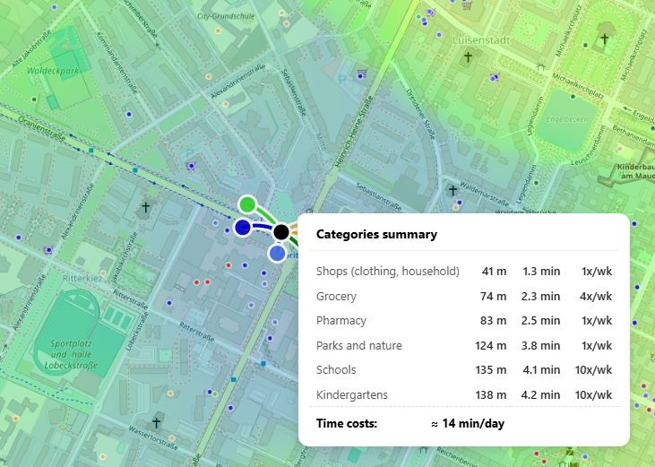 Isocrona de quince minutos de caminabilidad desde una dirección seleccionada en HotMap