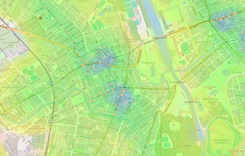 HotMap-Screenshot mit Apotheken-, Schul-, Park- und Café-Kategorien auf Wärmekarte