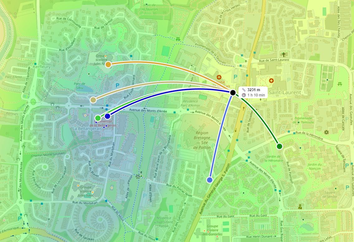 HotMap mit Fußgängerradius um einen Punkt und markierten Schulen, Cafés, Parks und Apotheken