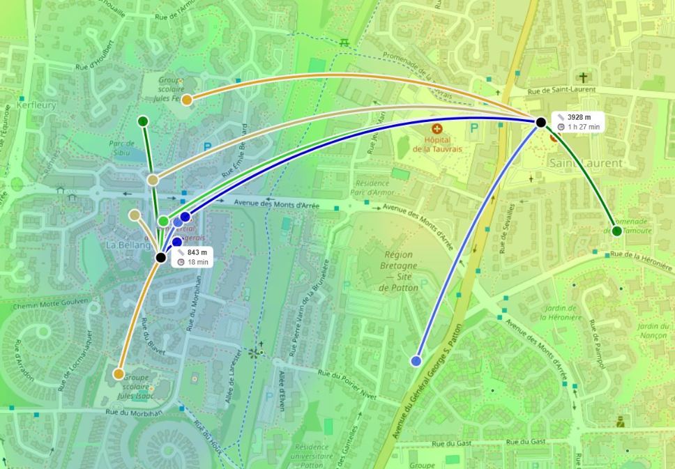 Capture HotMap : comparaison de deux points — graphiques en barres du temps et carte thermique avec deux marqueurs