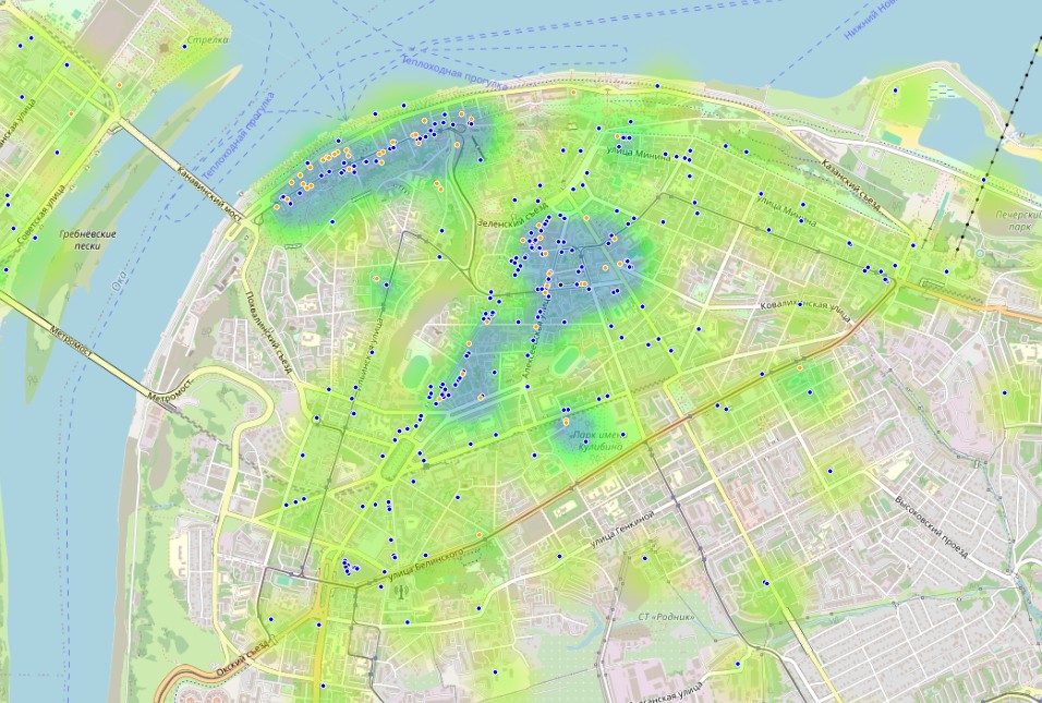 Stadt-Wärmekarte: das Zentrum in orange- und roten Zonen lauter Objekte
