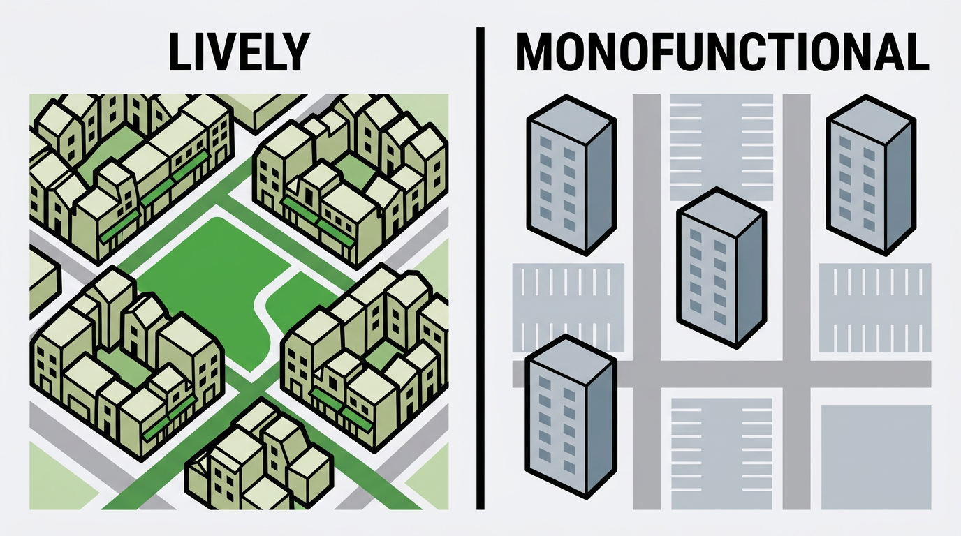 Vergleichsdiagramm zweier Viertel: ein „lebendiges“ mit gemischter Nutzung und eine „Falle“ mit monofunktionalen Blöcken