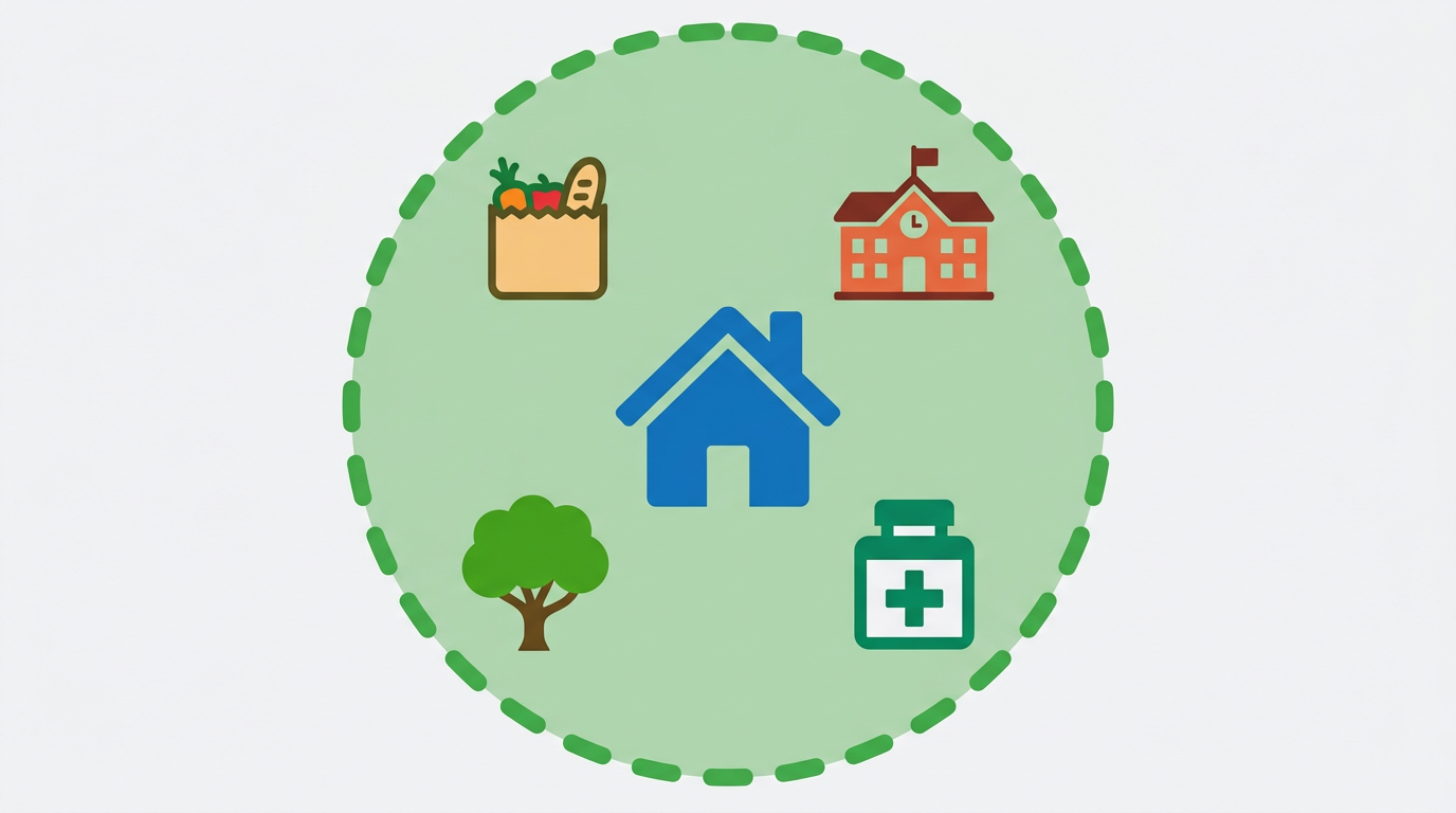 Schema eines 15-Minuten-Kreises mit Schlüsselorten nahe dem Zuhause