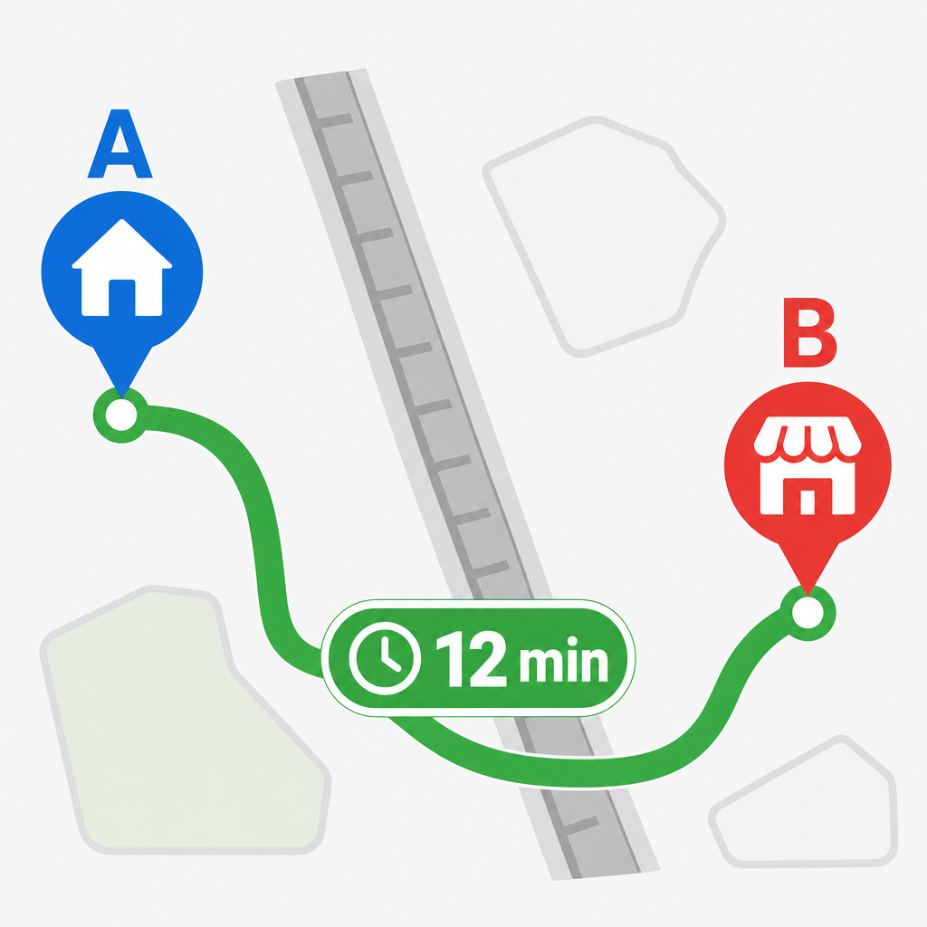Schema Zeitkosten — von Punkt A nach B mit Minutenangaben