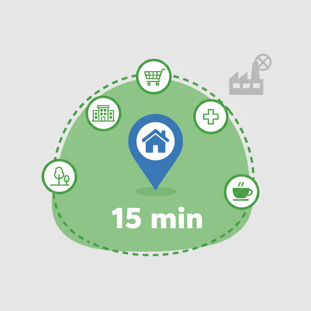 15-Minuten-Fußgänger-Isochrone mit Infrastrukturobjekten