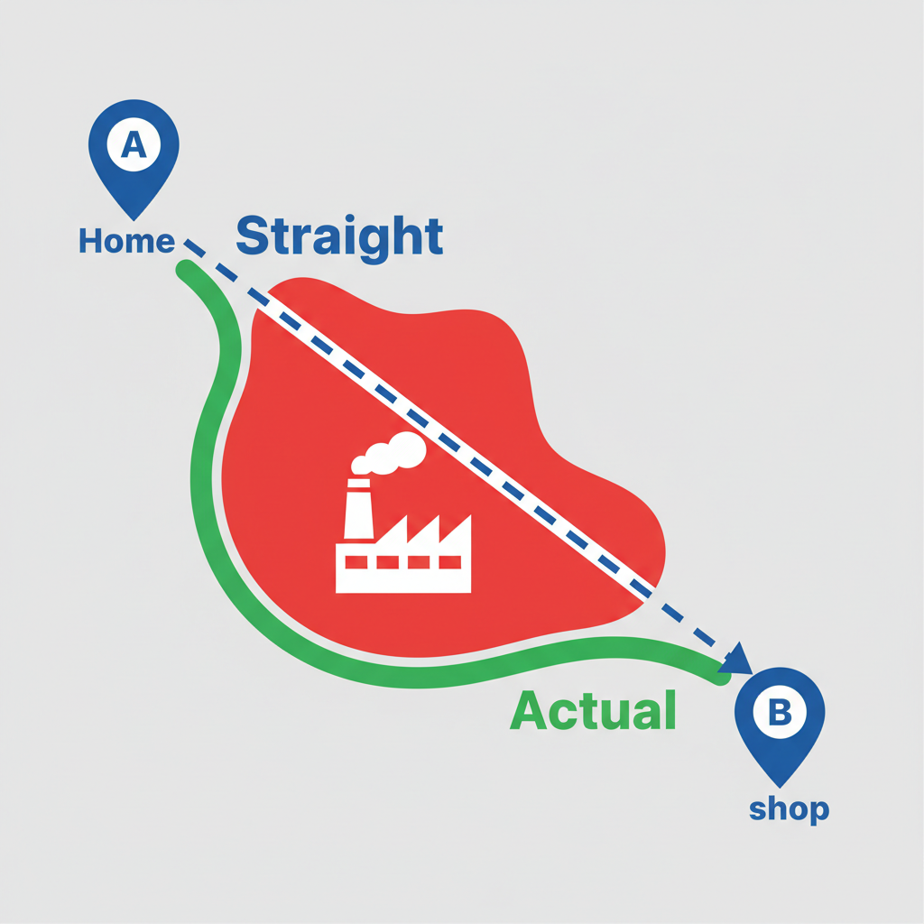 Comparación de línea recta en mapa y ruta peatonal real evitando zona industrial