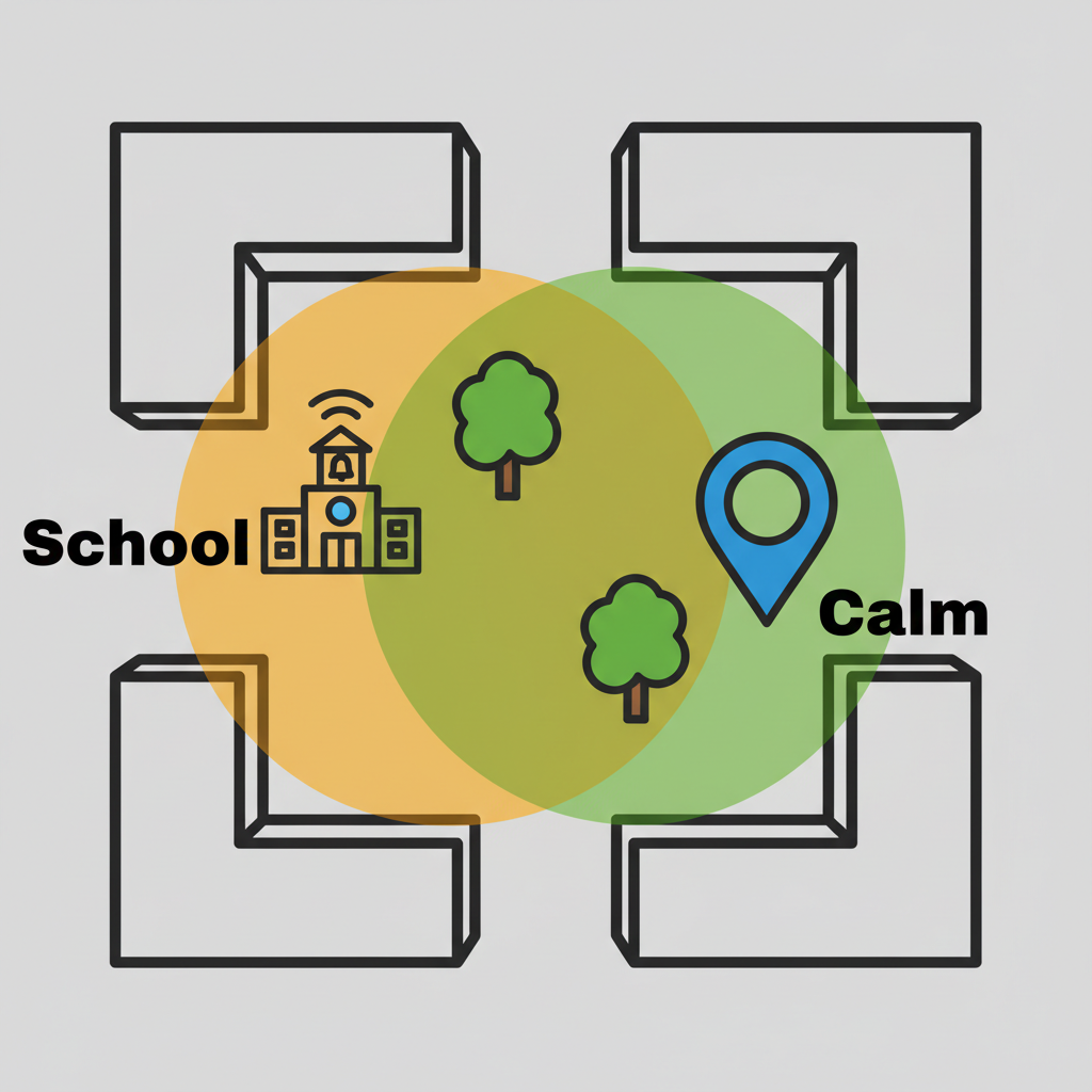 Esquema de patio con círculos de influencia superpuestos: ruido de escuela y zona de calma