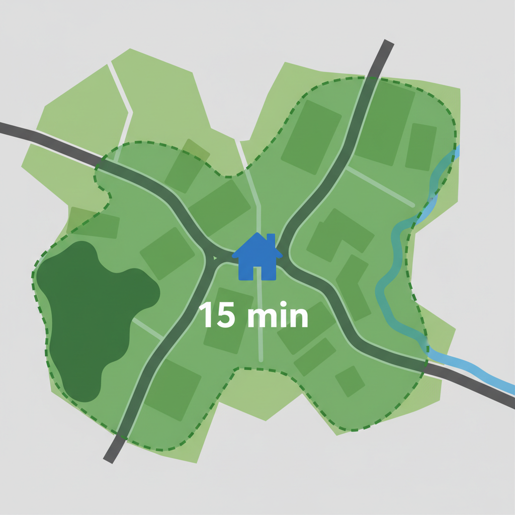 Isochrone de marchabilité depuis un point superposée à une carte satellite — la zone « courbée » de 15 minutes est visible
