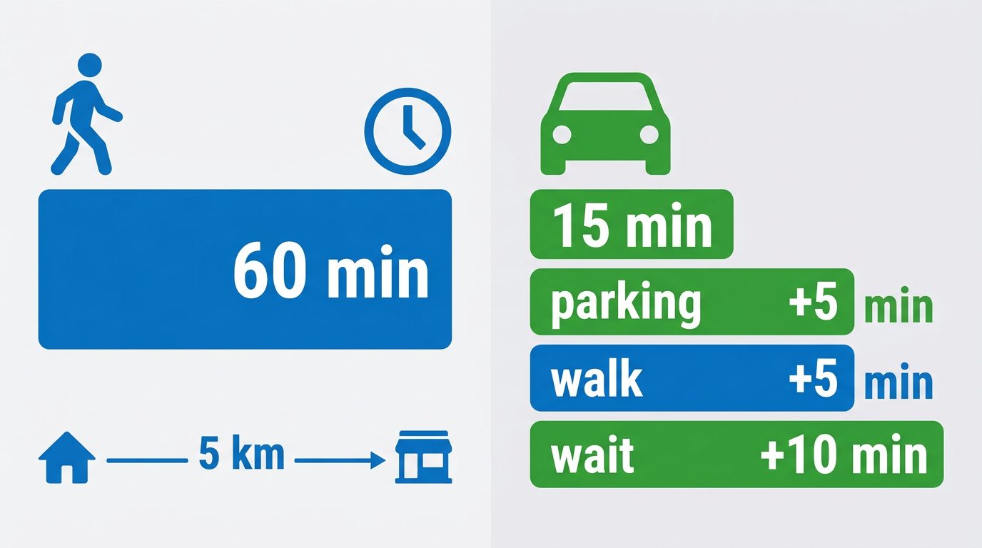 Infographie : 5 km à pied = 60 minutes aller simple ; 5 km en voiture = 15 minutes, mais +10 minutes d'extras