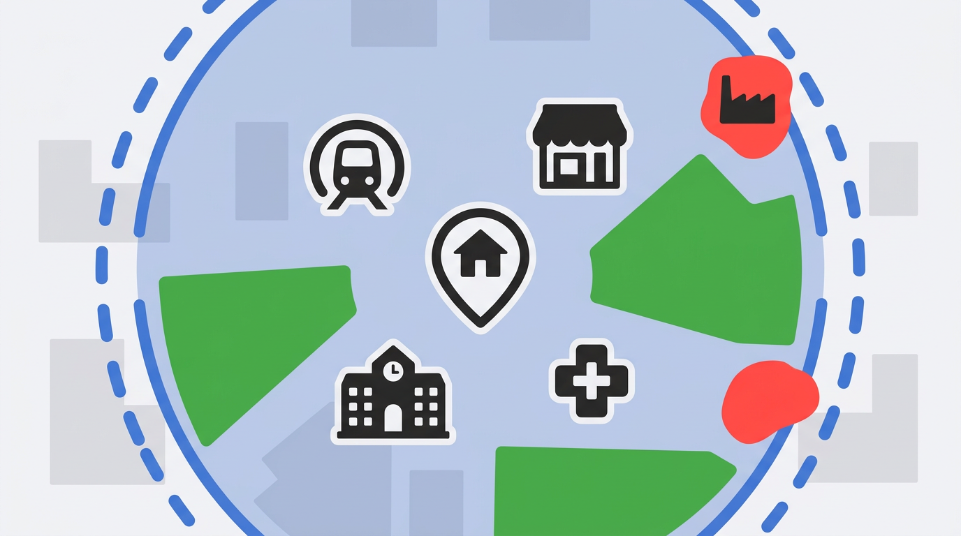 Zrzut ekranu interfejsu HotMap z mapą cieplną, kategoriami obiektów i podświetloną równowagą otoczenia