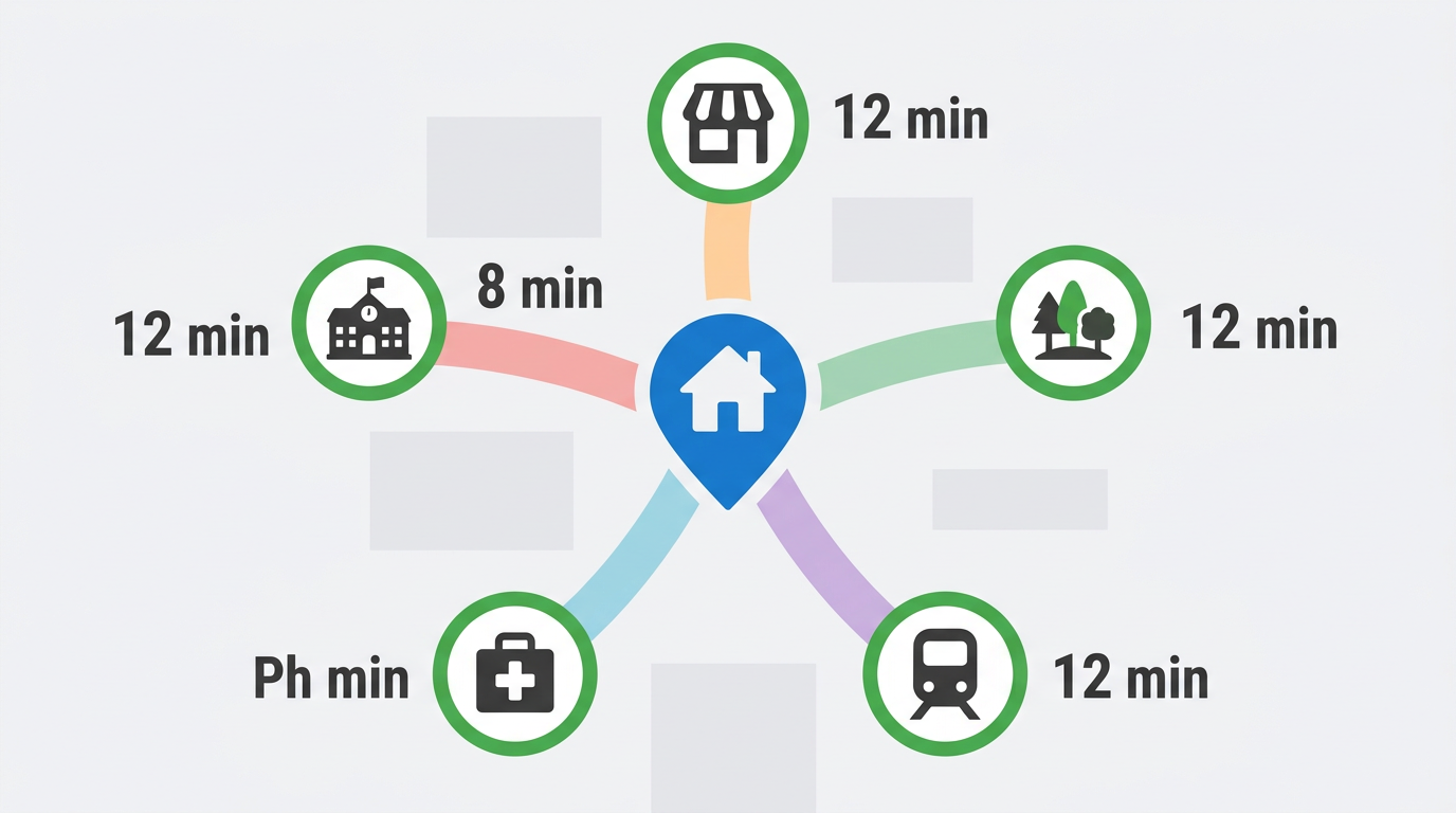 Fußgänger-Erreichbarkeits-Wärmekarte im 15-Minuten-Radius um einen Punkt